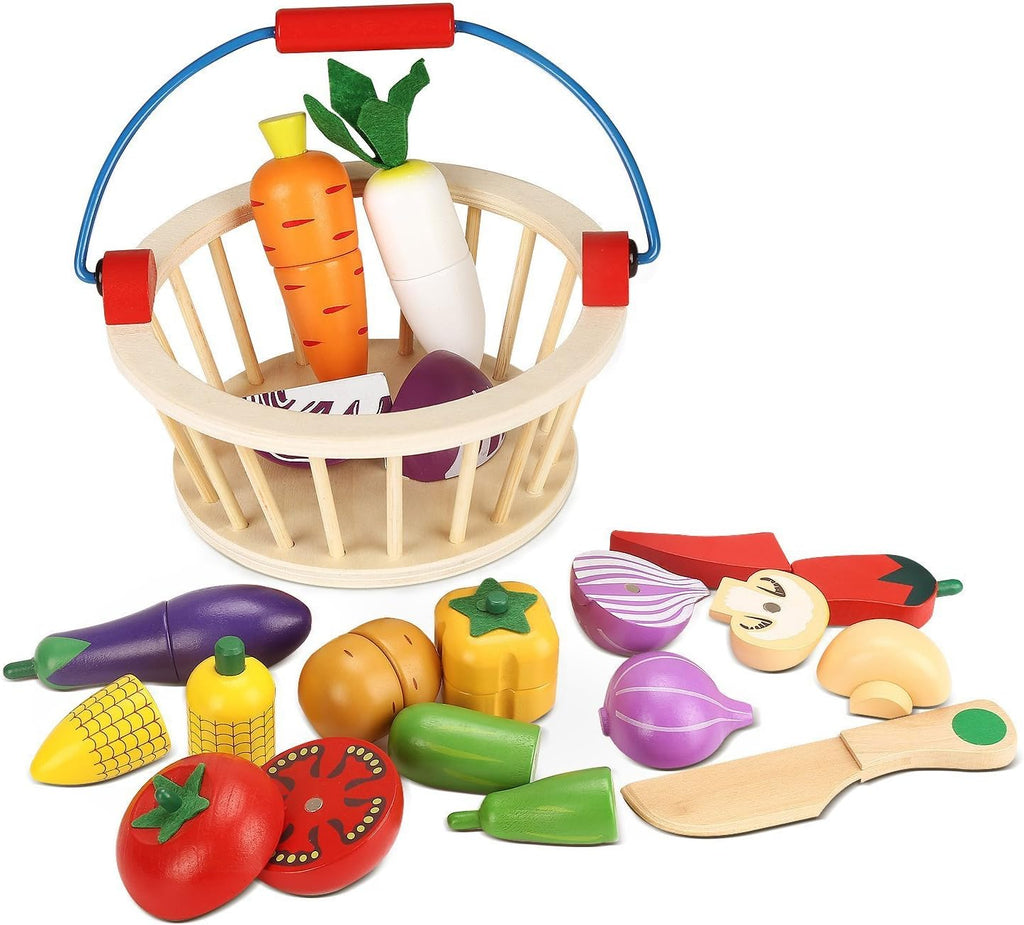 Magnetic Wooden Cutting Food Play Toy Set with Basket V24518