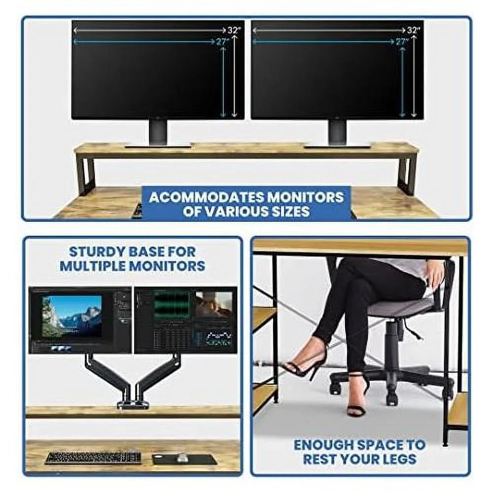 55 Inch Walnut And Black Wood Computer Desk With Monitor Shelf D1130