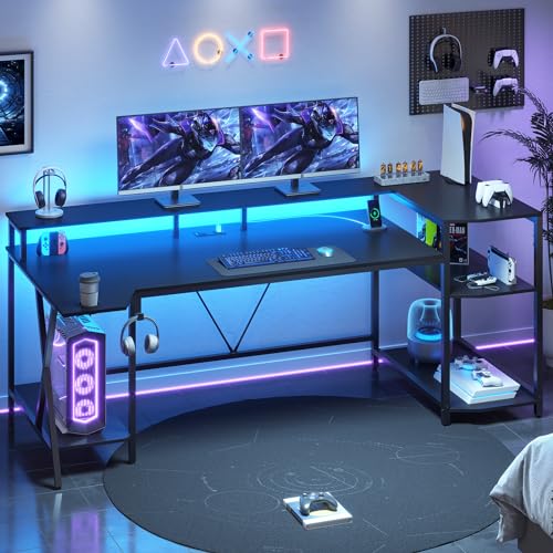 Black Gaming Desk with LED Lights and Storage Shelves O34193