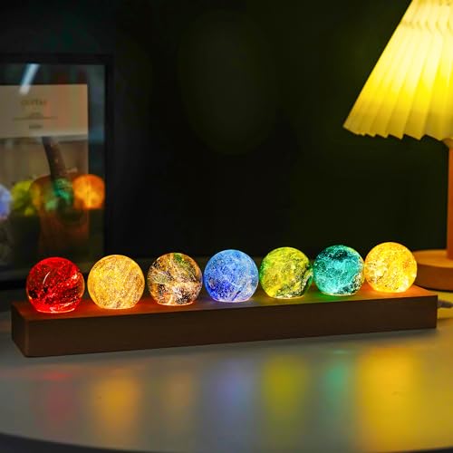 7 Pcs Crystal Glass Decorative Ball Set with LED Wooden Base M4892