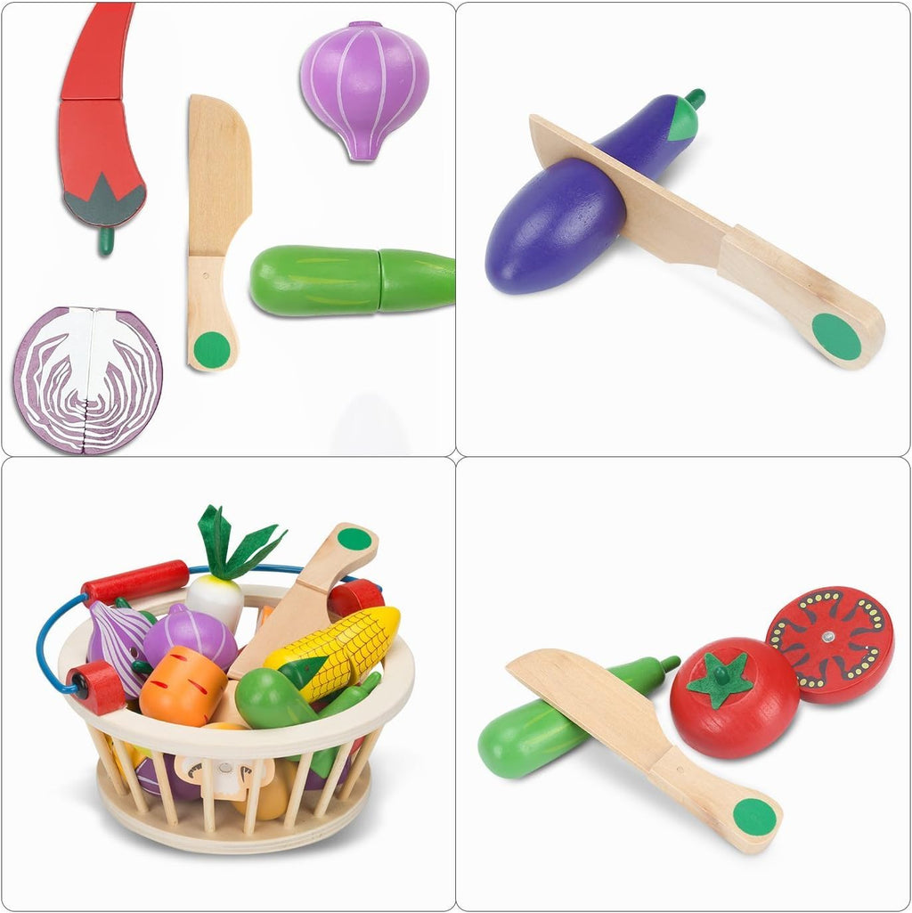 Magnetic Wooden Cutting Food Play Toy Set with Basket V24518