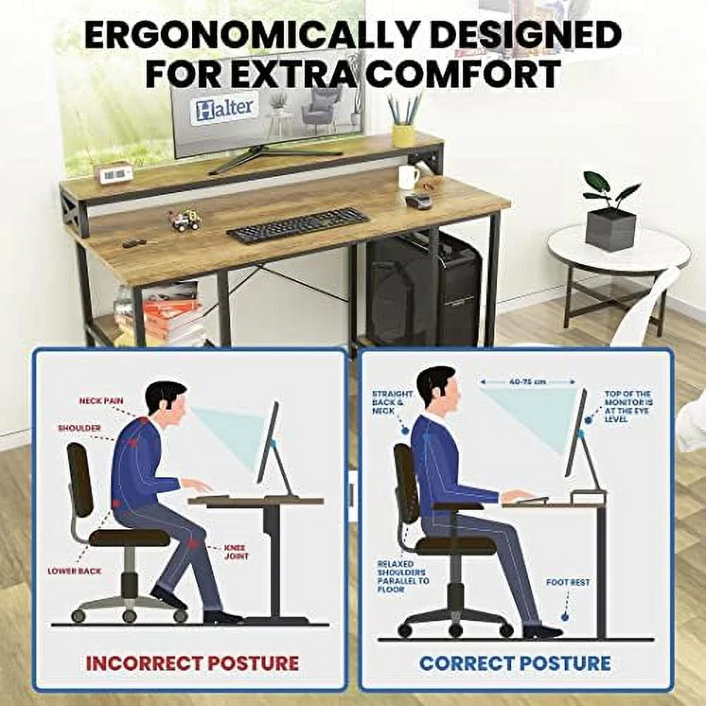 55 Inch Walnut And Black Wood Computer Desk With Monitor Shelf D1130