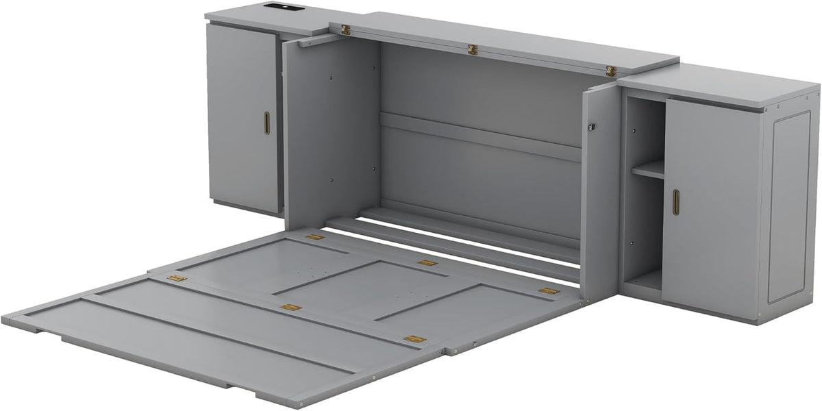 Queen Size Gray Murphy Wall Bed with Shelves and Cabinets K30720