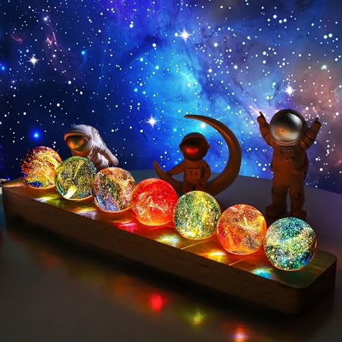 7 Pcs Crystal Glass Decorative Ball Set with LED Wooden Base M4892