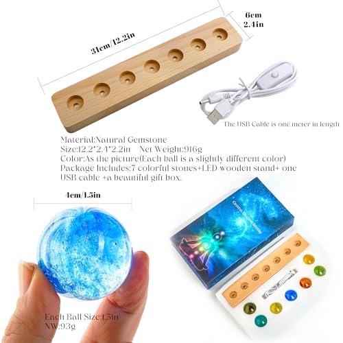 7 Pcs Crystal Glass Decorative Ball Set with LED Wooden Base M4892