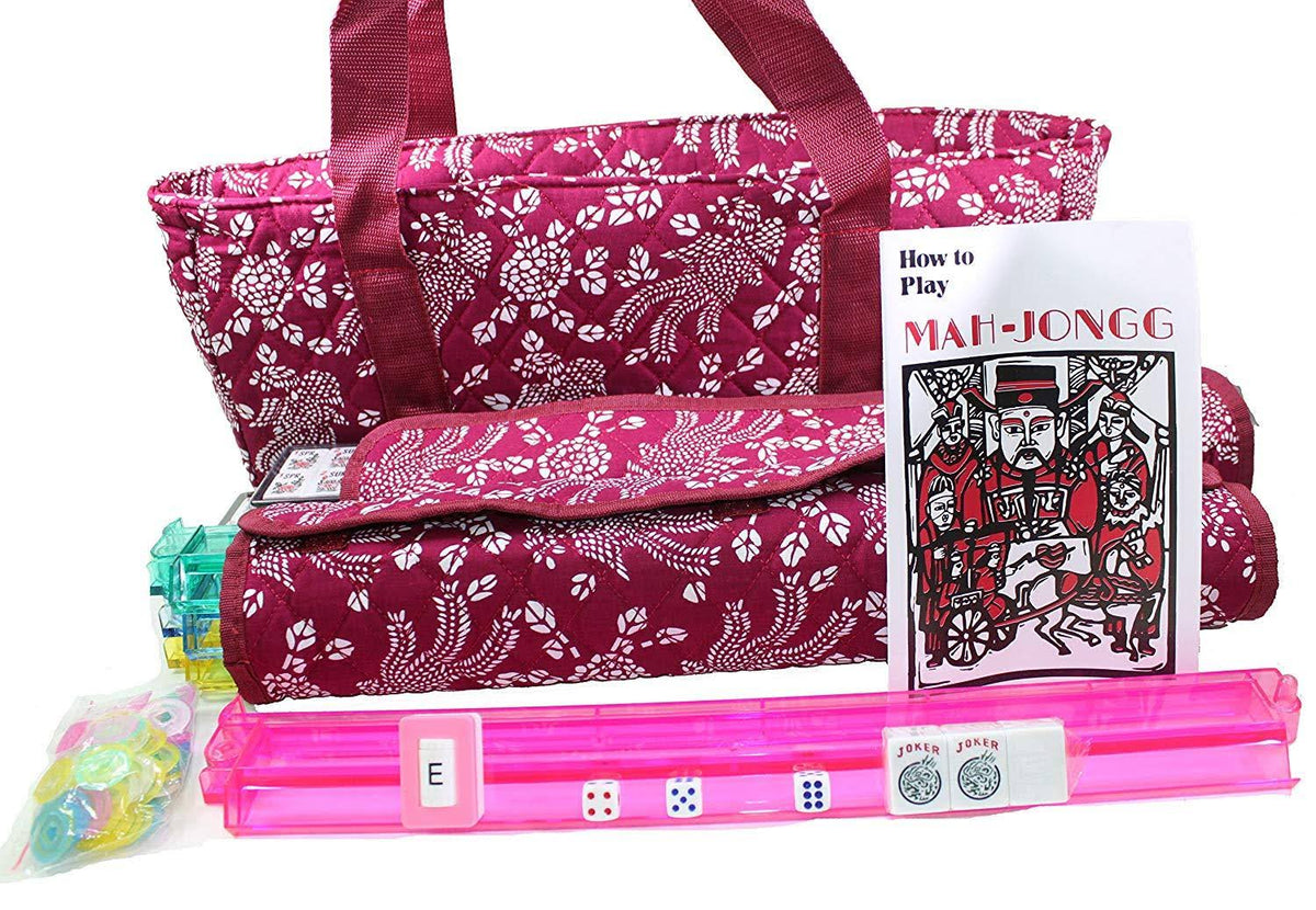 Violet Red Mahjong Set with 4 Color Pushers and Soft Bag Z175