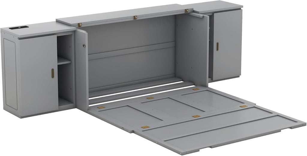 Queen Size Gray Murphy Wall Bed with Shelves and Cabinets K30720