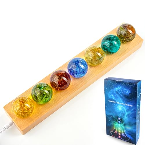 7 Pcs Crystal Glass Decorative Ball Set with LED Wooden Base M4892