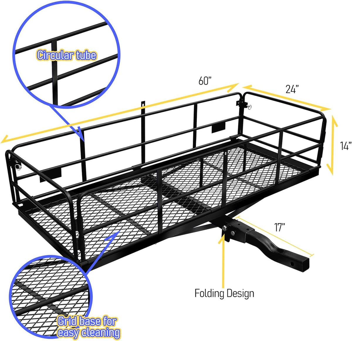 Folding Vehicle Cargo Basket 60" x 24" x 14" for 2" Receiver Y1581