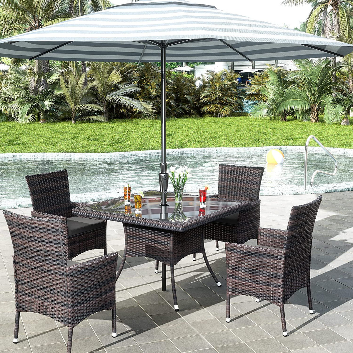 5 Pieces Patio Dining Set with Glass Tabletop 4 Chairs with Cushions Gray D76800