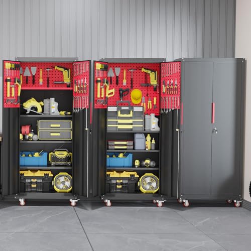 Lockable Metal Garage Storage Cabinet with Wheels and Workbench P6280