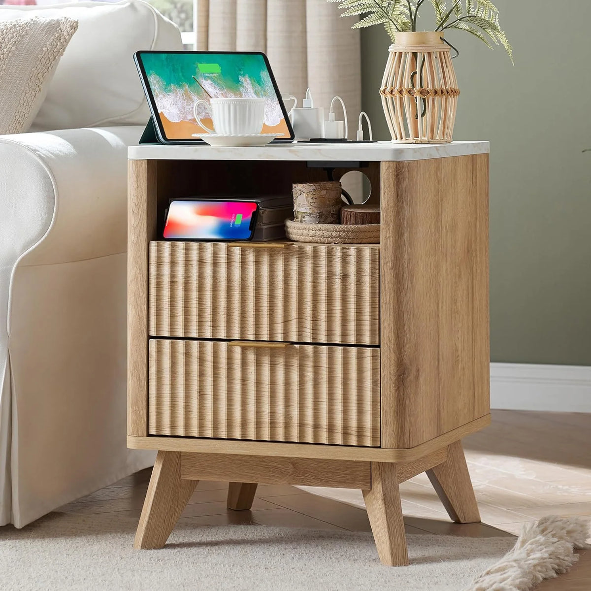 Mid-Century Modern Nightstand with Charging Station J396261