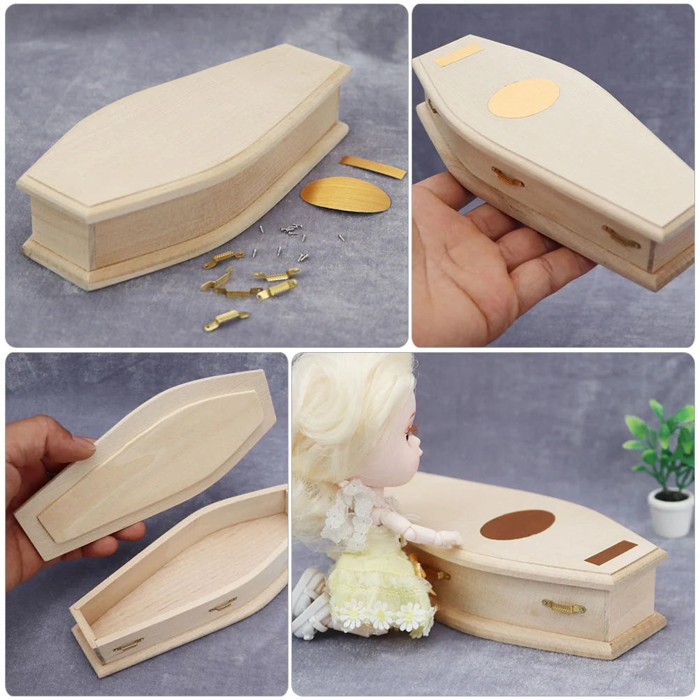 Miniature Coffin Wood Doll House Decoration Z44835