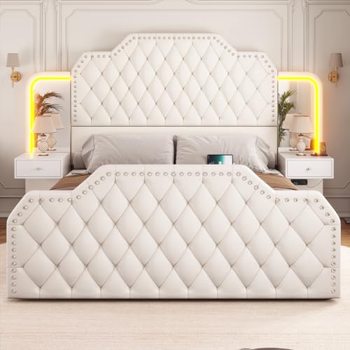 Queen Bed Frame with Tall Headboard and 4 Storage Drawers, White O2091