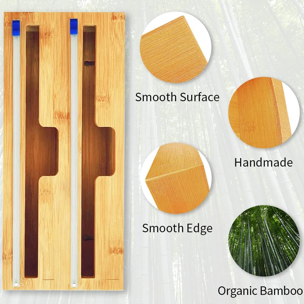 Bamboo Wood Wrap Dispenser with Slide Cutter 2 Slots Aluminum Foil Organizer Pack of 2 K541