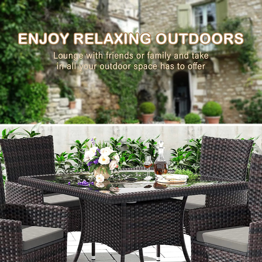 5 Pieces Patio Dining Set with Glass Tabletop 4 Chairs with Cushions Gray D76800