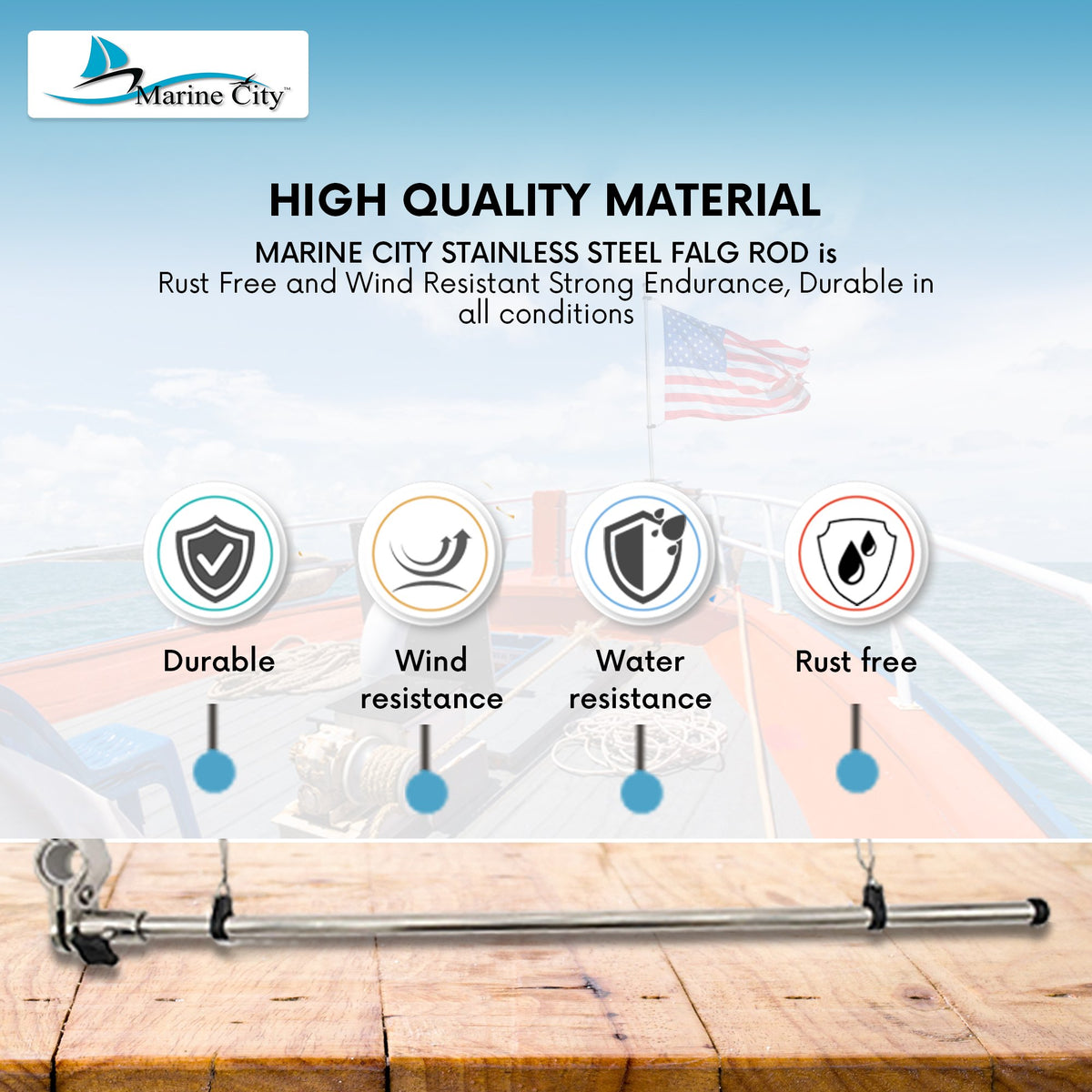 21 inch Stainless Steel Rail Mounted Flag Pole with US Flag N9740