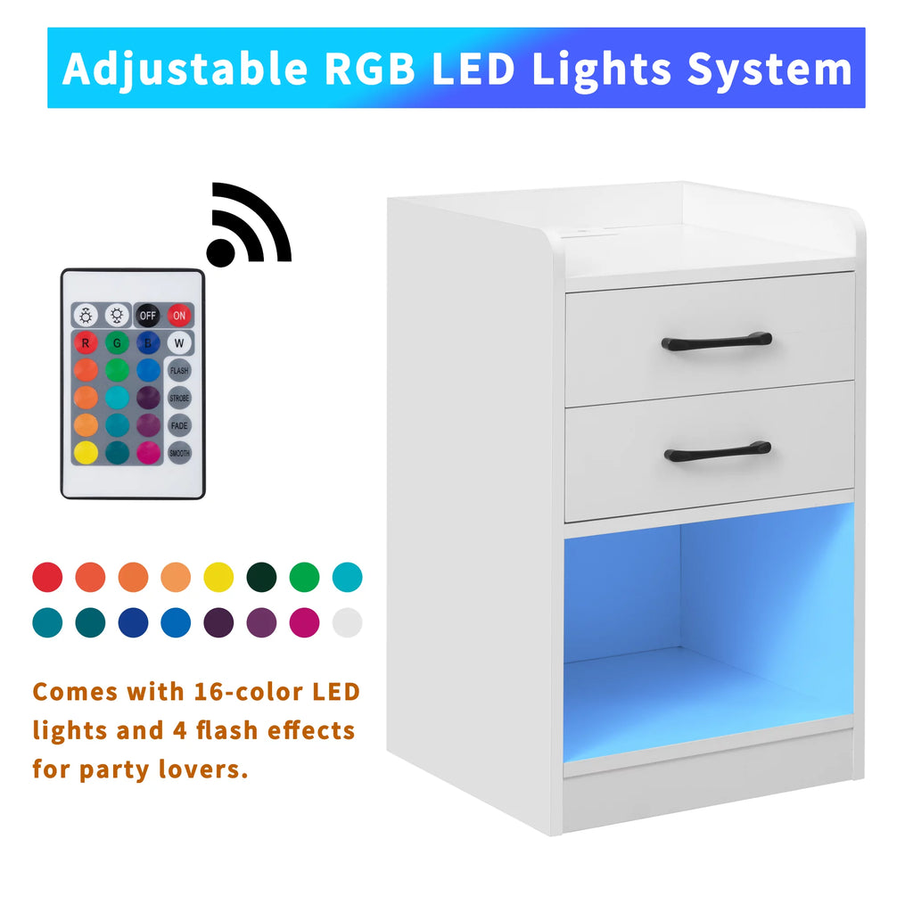 White LED Nightstand with Charging Station A843