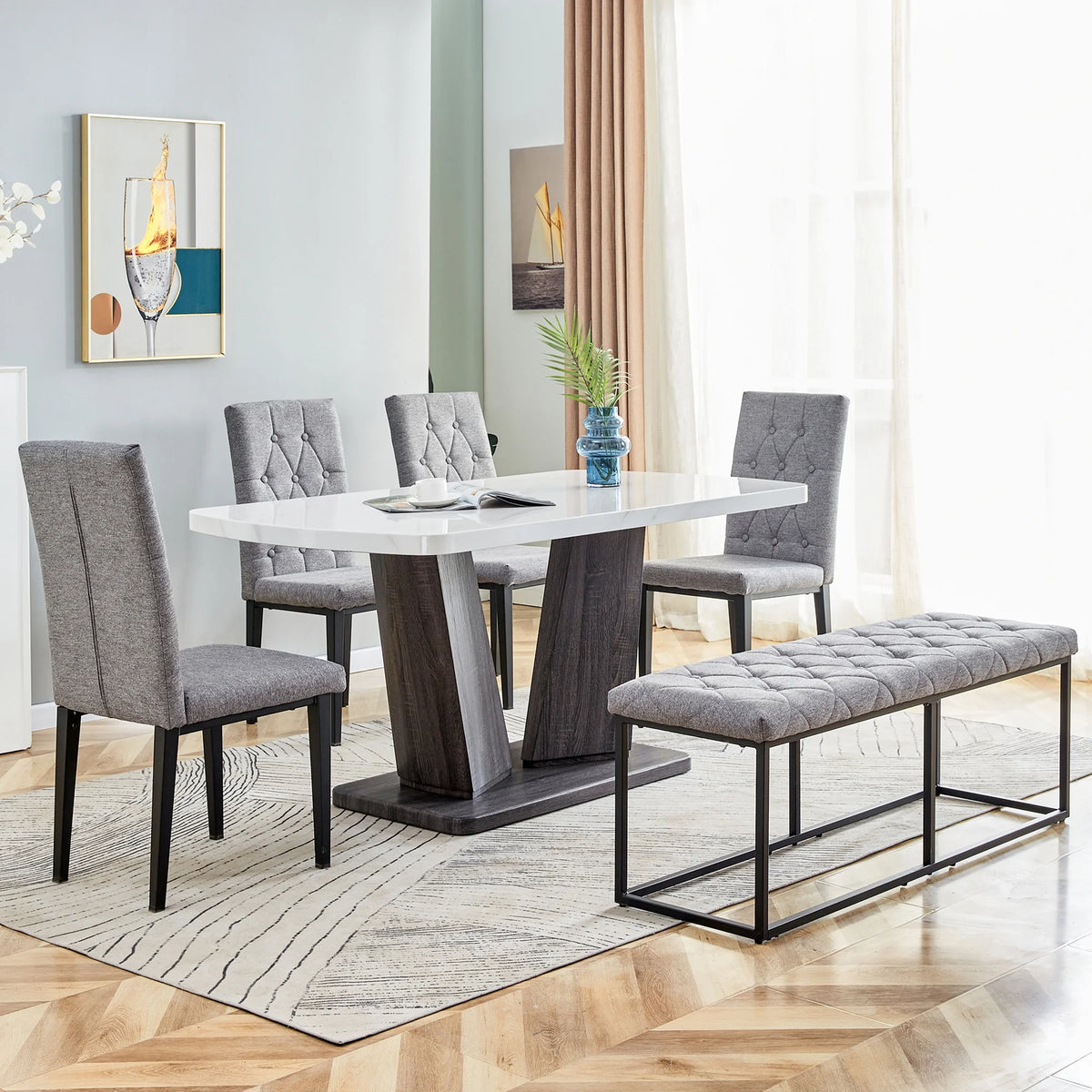 63" 6-Piece Dining Table with 4 Chairs & 1 Bench C3916