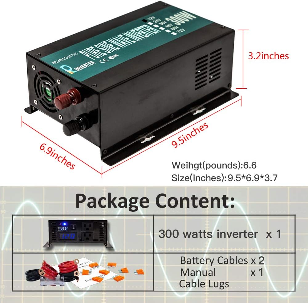 300W Pure Sine Wave Car Power Inverter 24VDC Black Pack of 2 Y425786