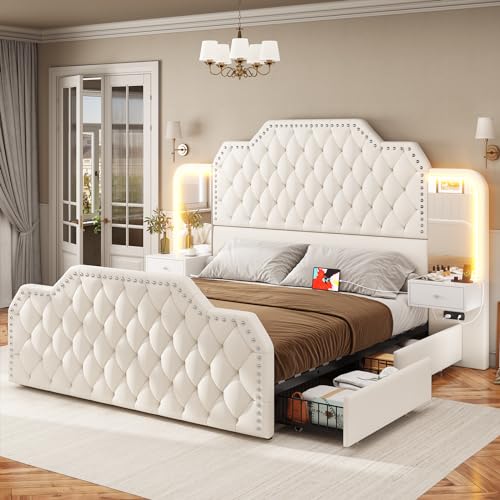 Queen Bed Frame with Tall Headboard and 4 Storage Drawers, White O2091