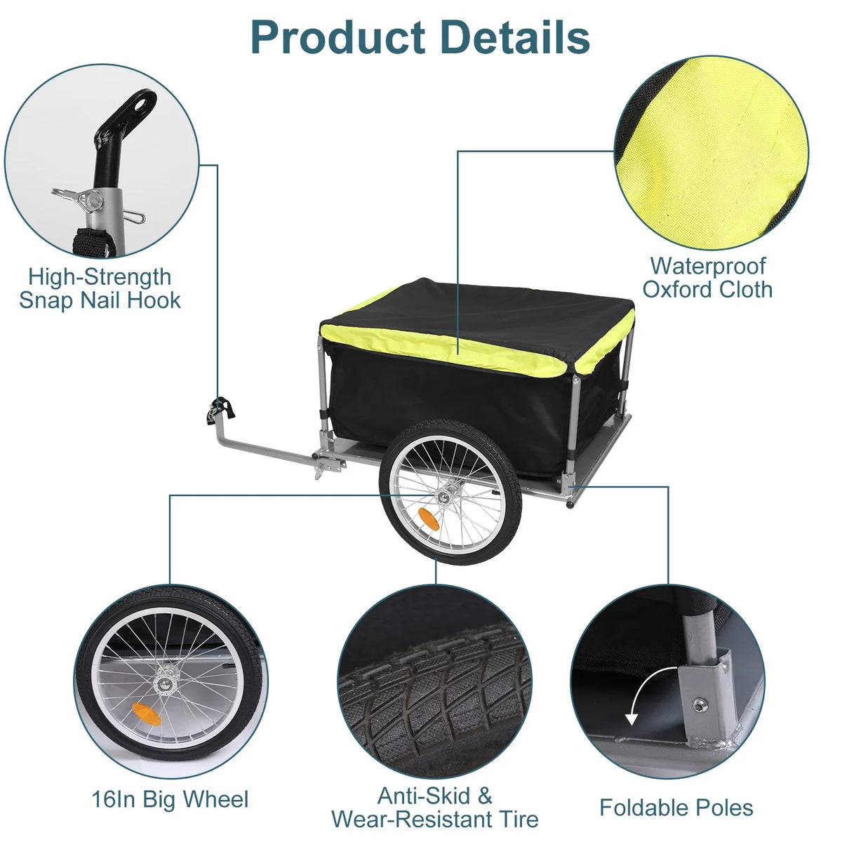 176 lbs 16 inch Foldable Bike Cargo Trailer with Removable Lid U177
