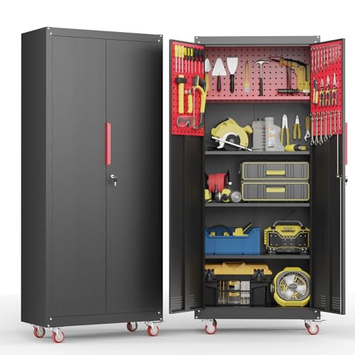 Lockable Metal Garage Storage Cabinet with Wheels and Workbench P6280