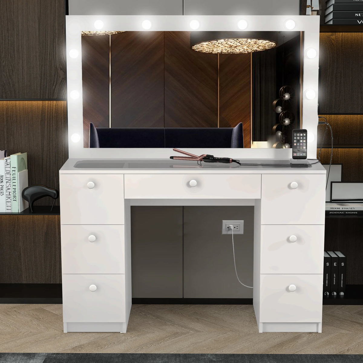 Modern Makeup Vanity Table Set with Mirror, 7 Drawers, White H790
