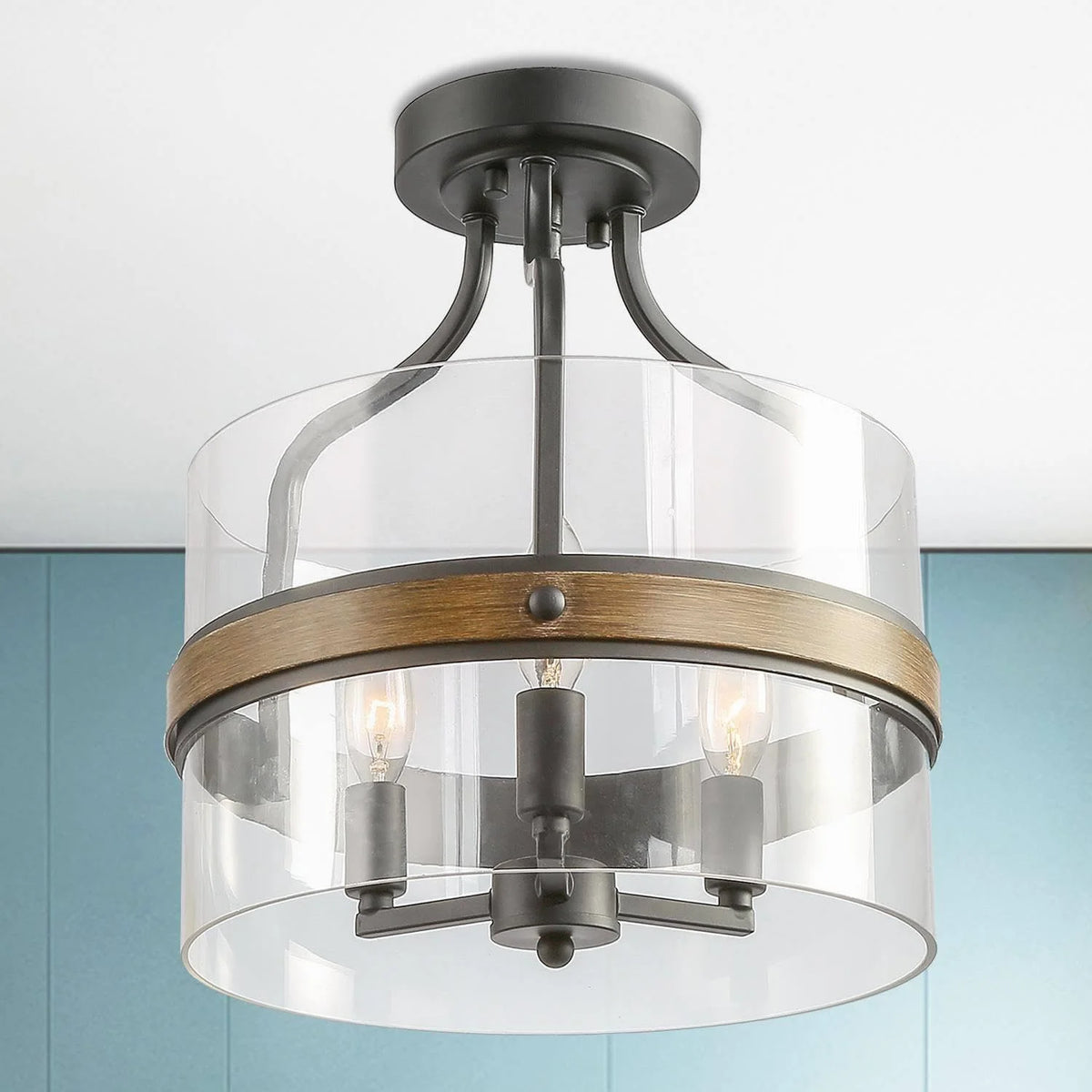 Semi Flush Mount Ceiling Light with Faux Wood & Clear Glass N90075