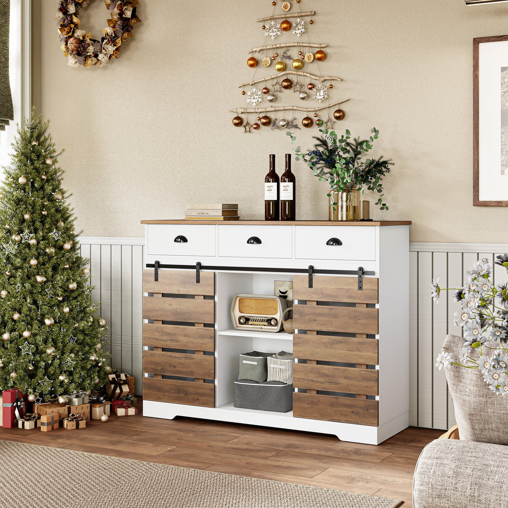 White 3 Drawer Buffet Cabinet with Sliding Barn Doors Z86715