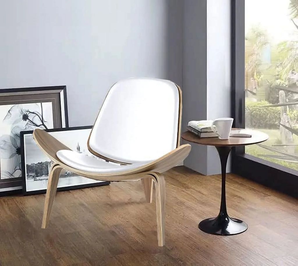 White Faux Leather Plywood Solid Wood Lounge Chair R595075