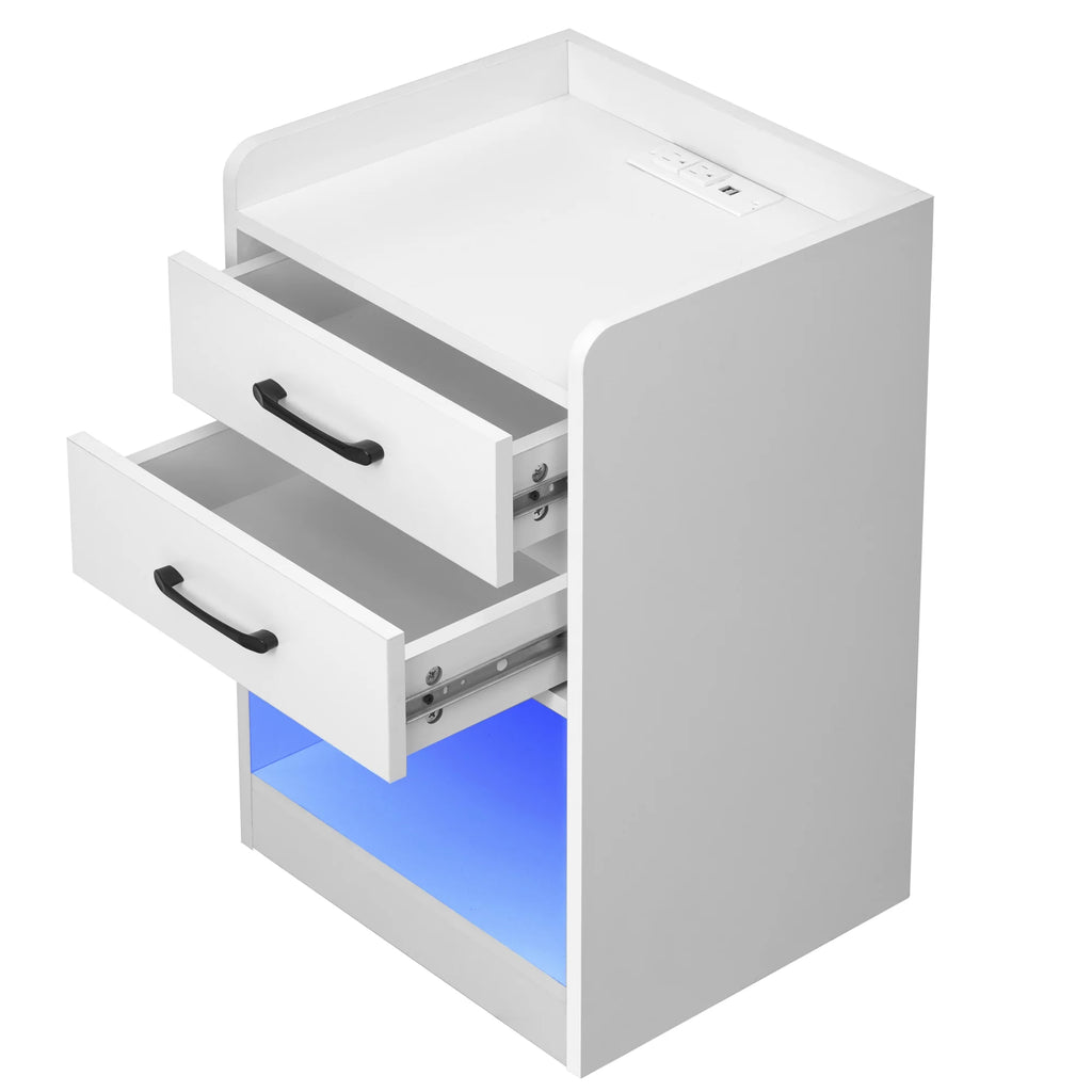 White LED Nightstand with Charging Station A843