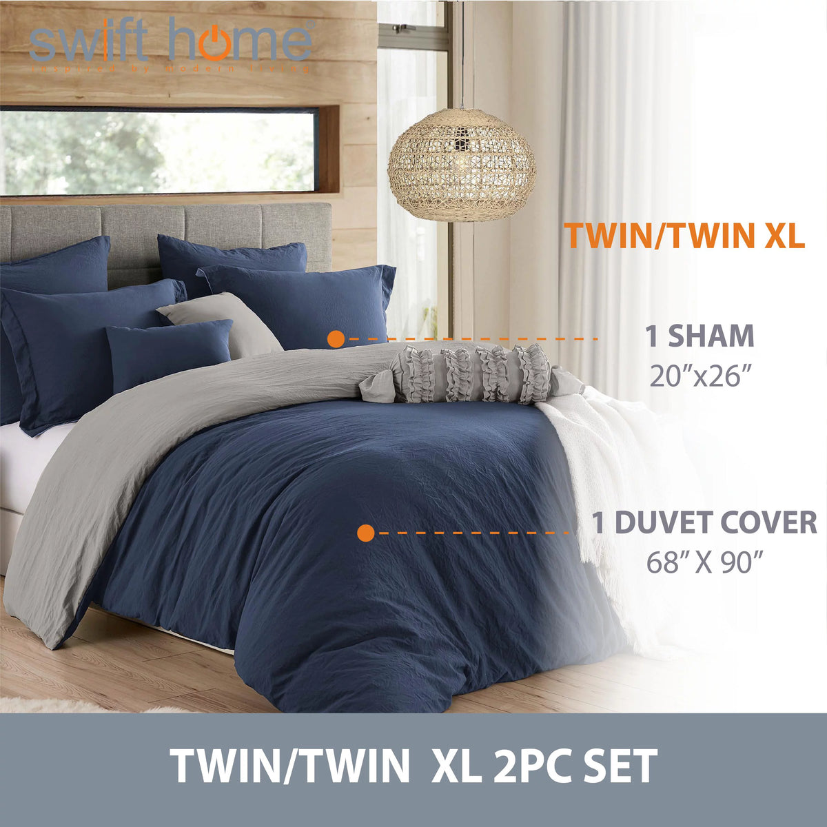 Navy Graphite Twin/Twin XL Reversible Duvet Cover & Sham Set F9742