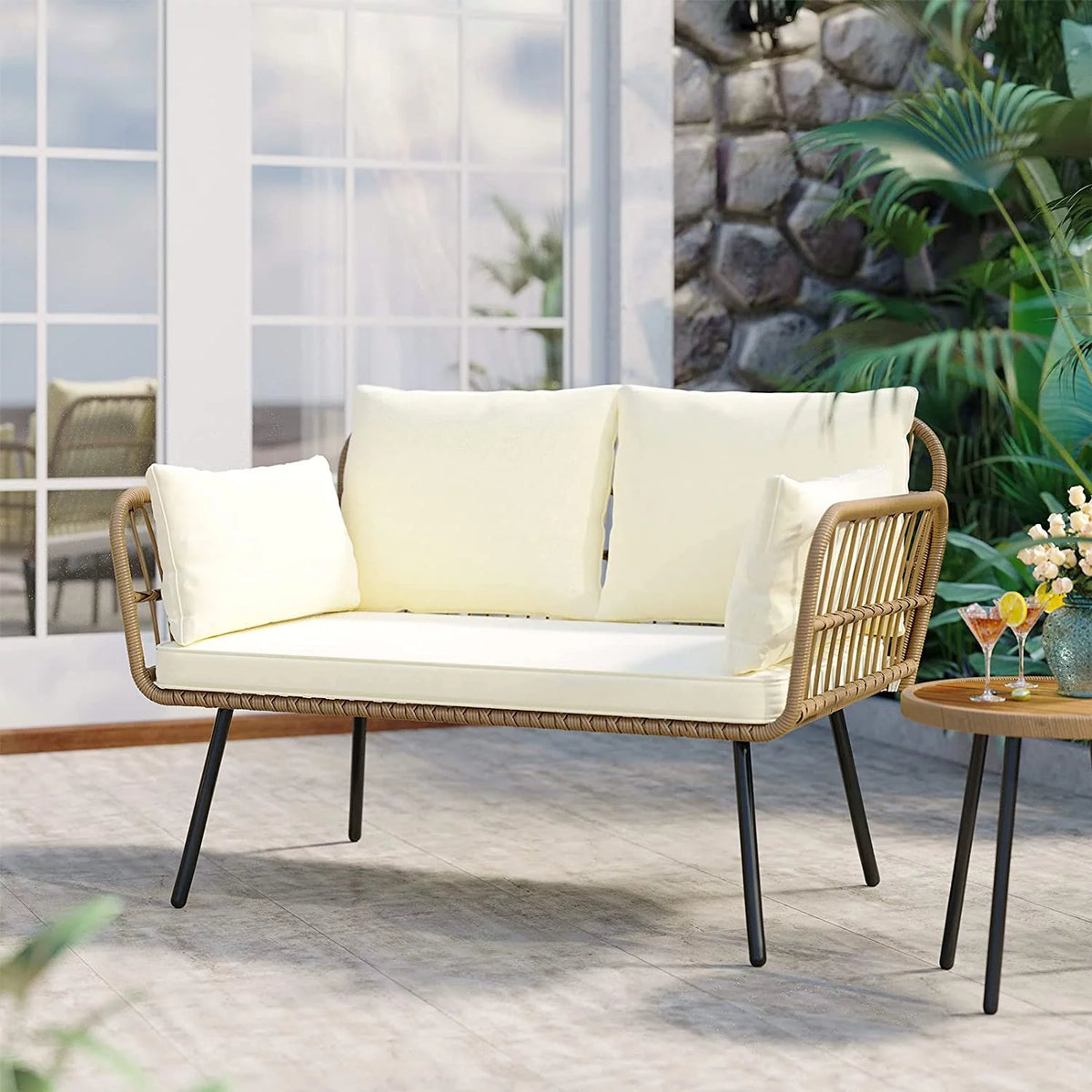 Wicker Loveseat Sofa with Beige Cushions E247338