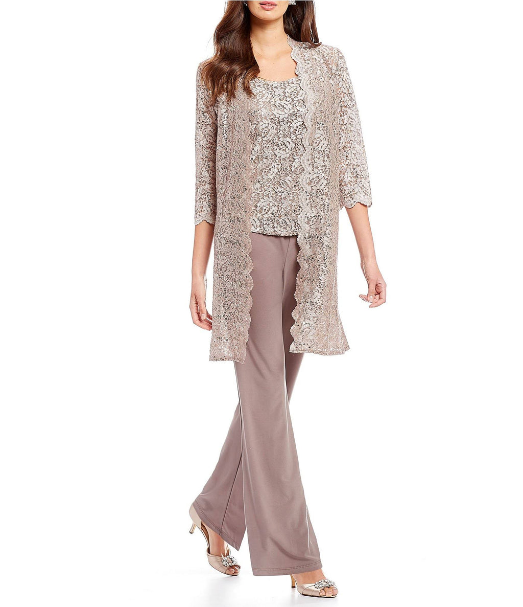 3-Piece Sequin Glitter Scallop Lace Duster Pant Set Q716