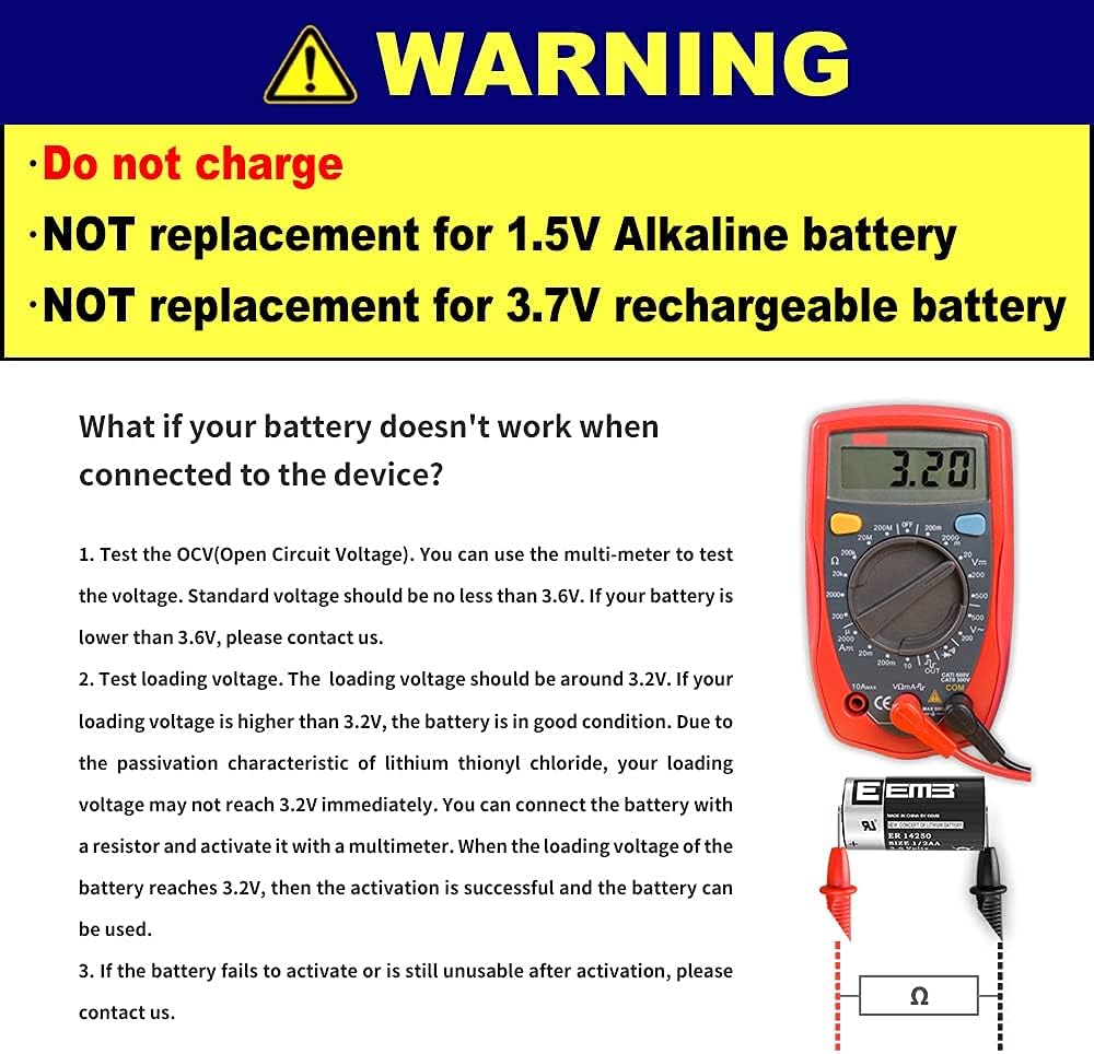 ER14250 Nonrechargeable 3.6V Lithium Battery Li-SOCL₂ 1/2 AA Size 1200mAh Q342820