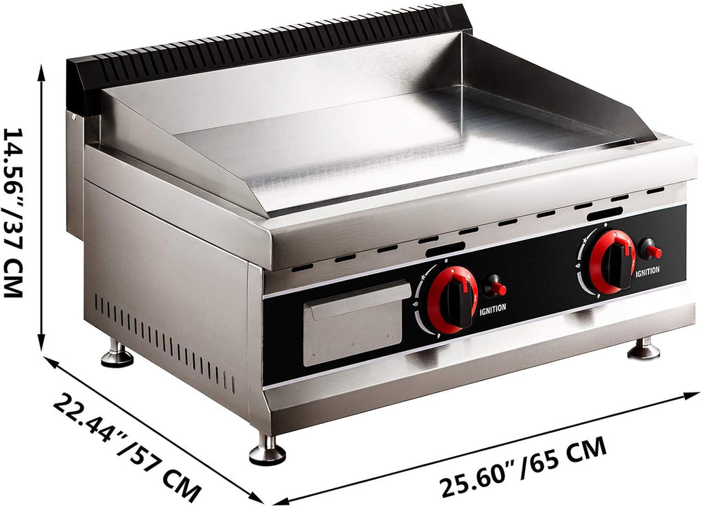 24-Inch Commercial Gas Griddle, 2-Burners Liquefied Propane Gas Flat Top Stainless Steel Countertop Manual Griddle C489
