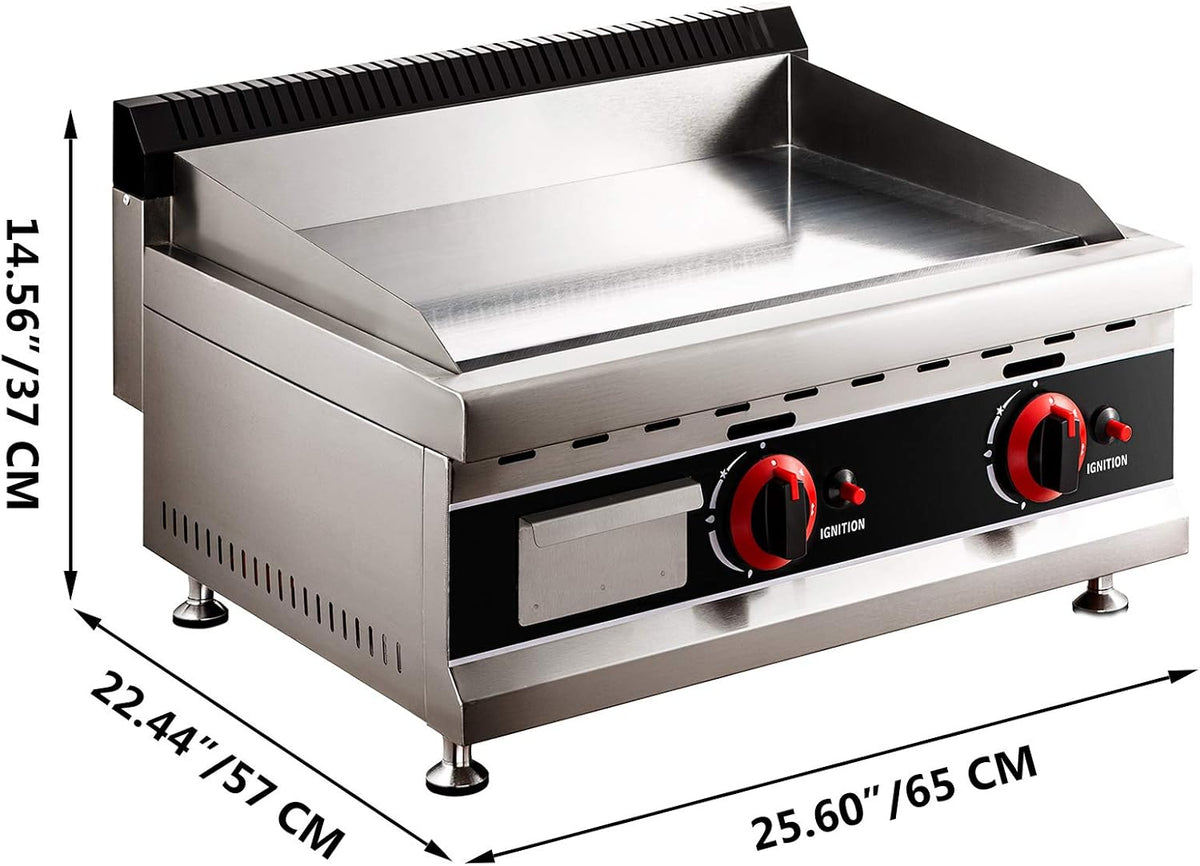 24-Inch Commercial Gas Griddle, 2-Burners Liquefied Propane Gas Flat Top Stainless Steel Countertop Manual Griddle C489