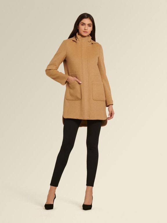 Camel Hooded Wool Blend Coat T31316