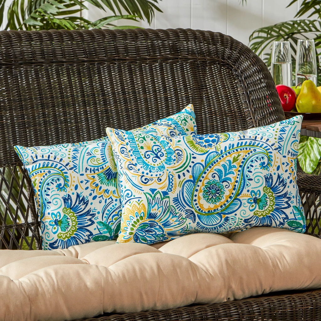 Baltic Blue Paisley 19 x 12 in. Outdoor Rectangle Throw Pillow (Set of 2) K145
