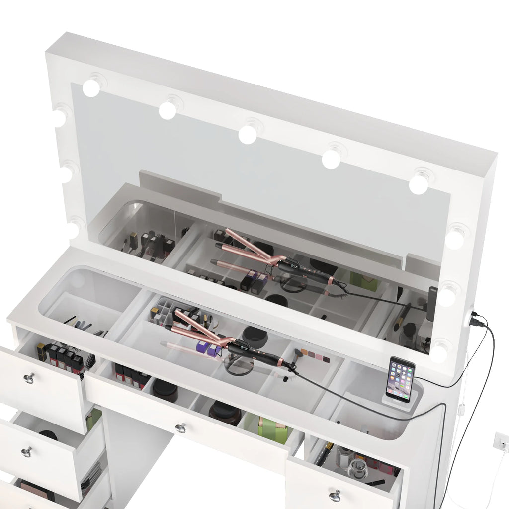 Modern Makeup Vanity Table Set with Mirror, 7 Drawers, White H790