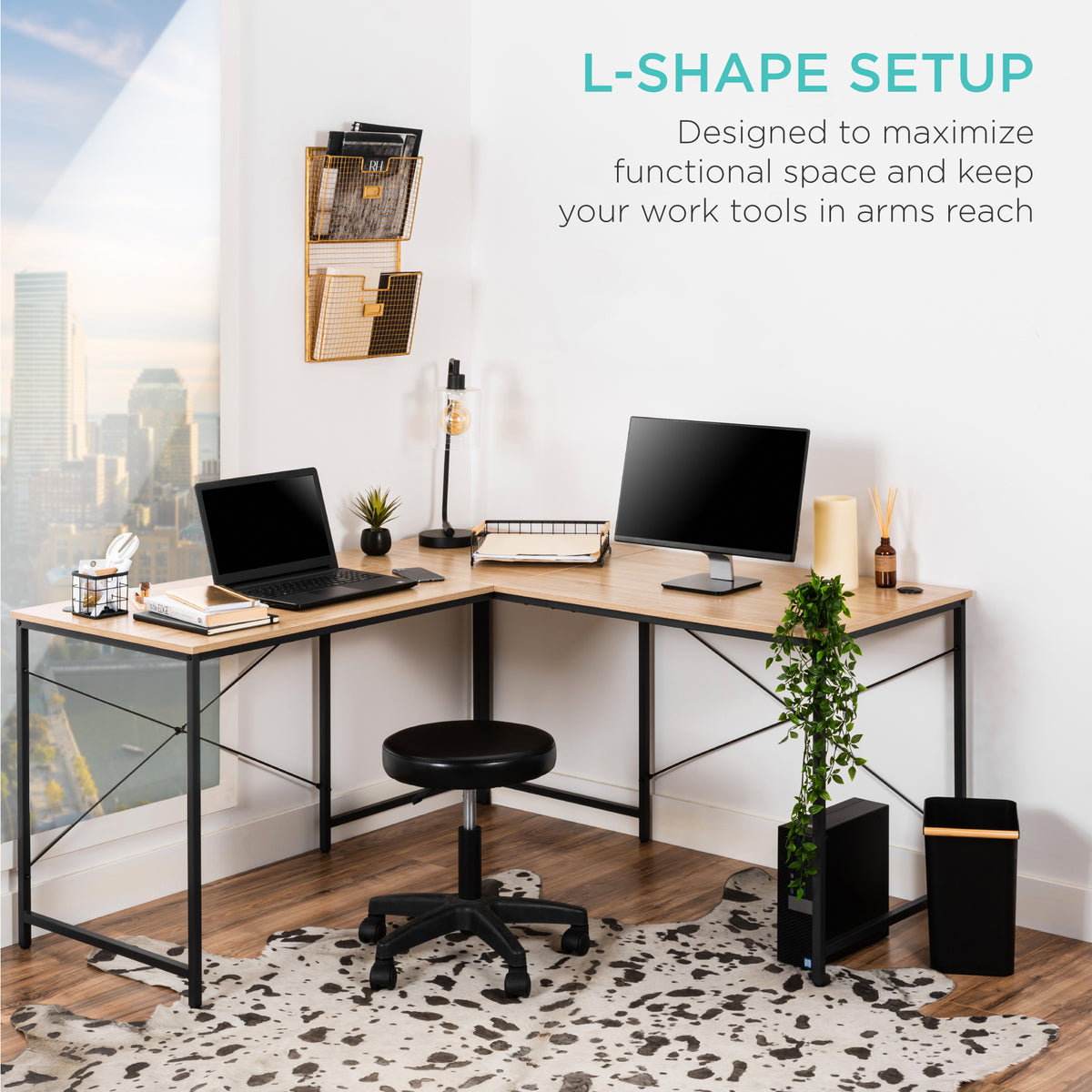 Oak/Black Modular L-Shaped Desk V69183