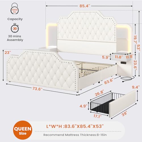 Queen Bed Frame with Tall Headboard and 4 Storage Drawers, White O2091