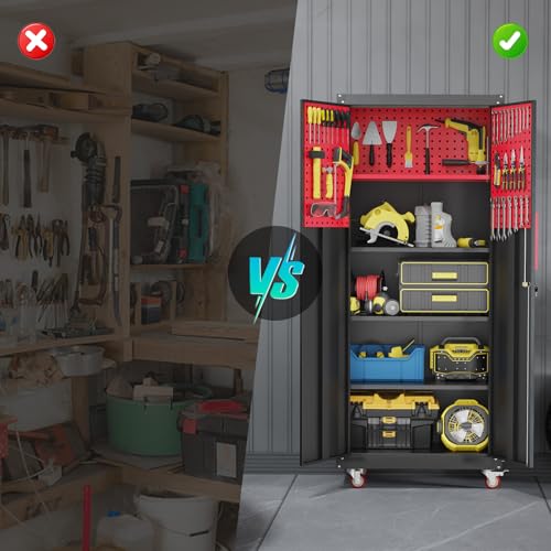 Lockable Metal Garage Storage Cabinet with Wheels and Workbench P6280
