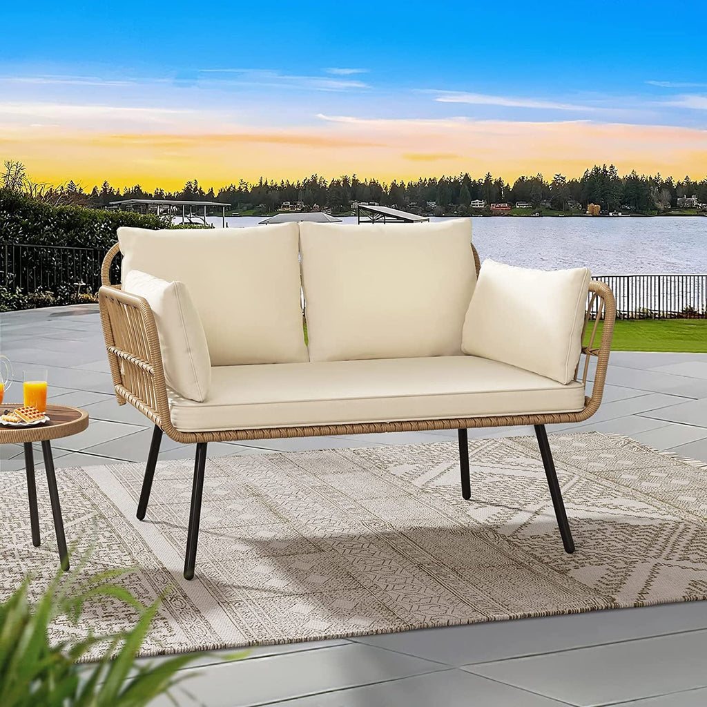Wicker Loveseat Sofa with Beige Cushions E247338