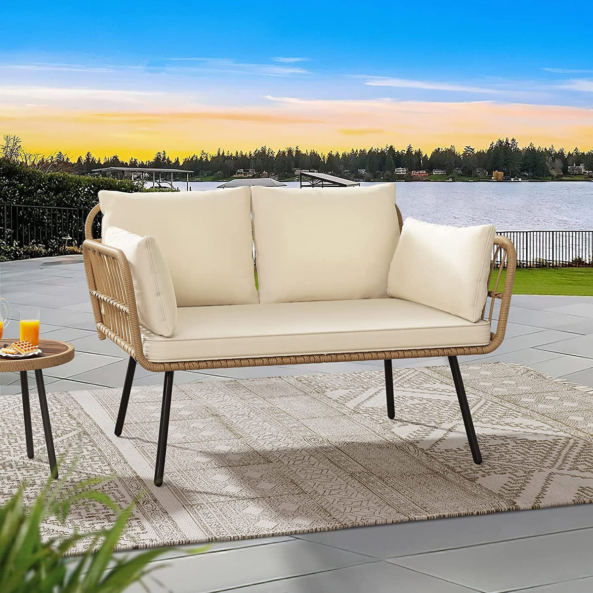 Wicker Loveseat Sofa with Beige Cushions E247338