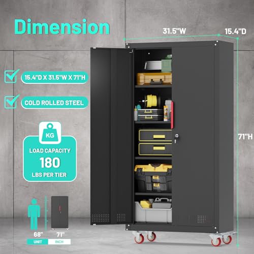 Lockable Metal Garage Storage Cabinet with Wheels and Workbench P6280