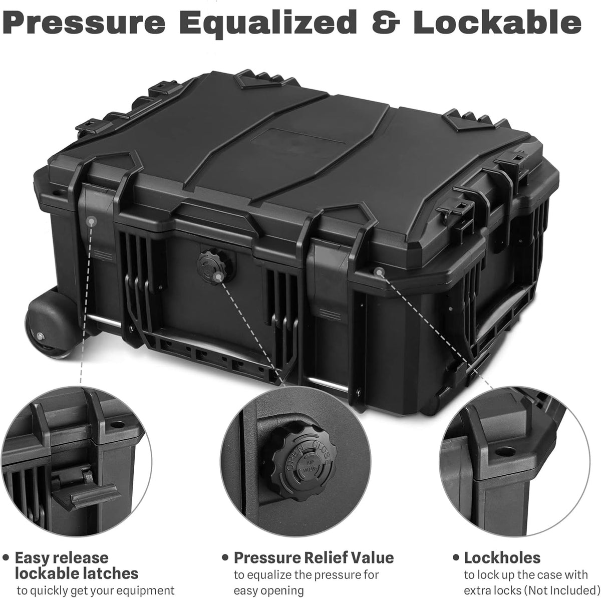 Black Rolling Waterproof Hard Camera Case with Wheels L681