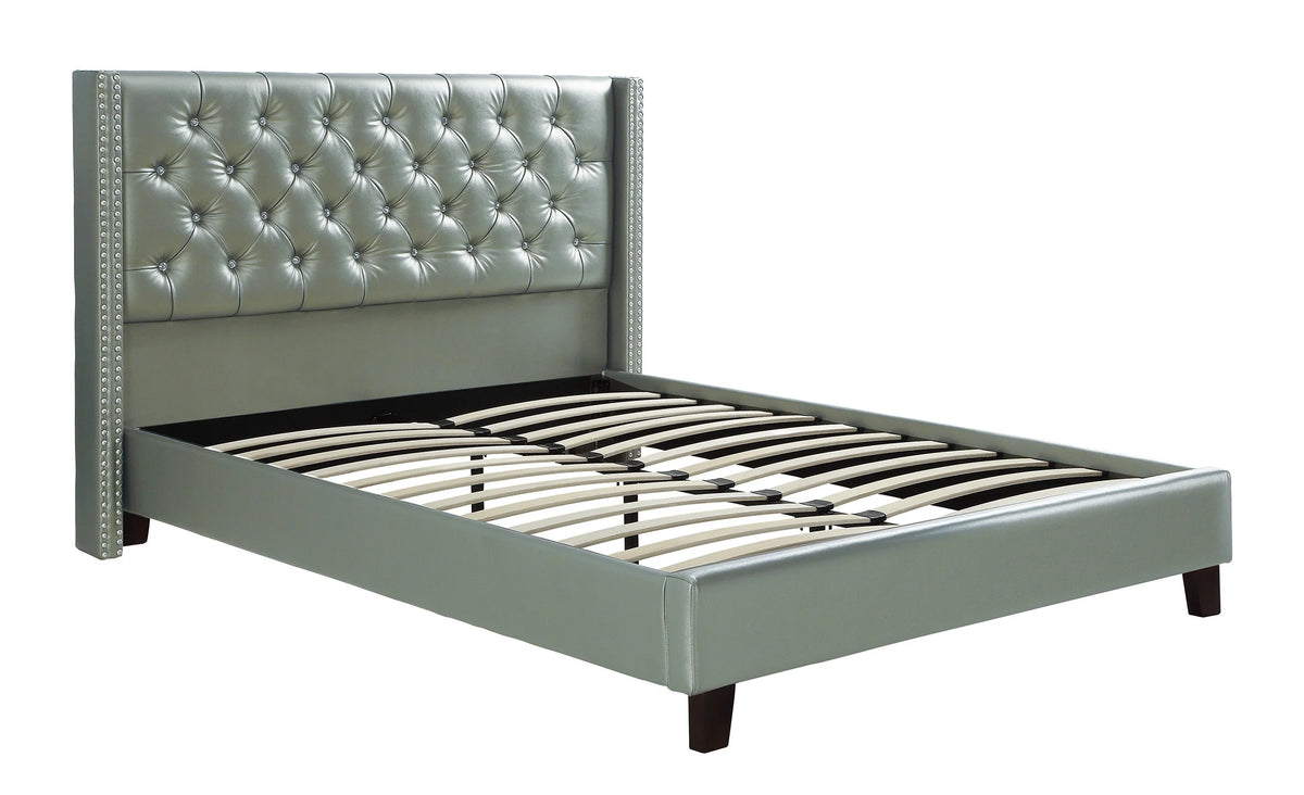 Queen Size Silver Faux Leather Upholstered Bed Frame N676