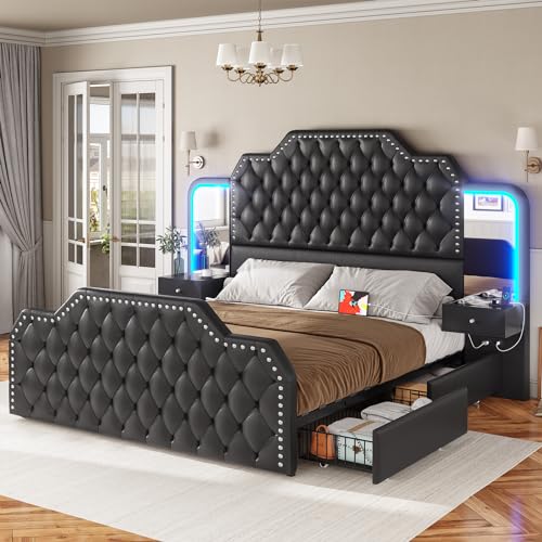 Queen Bed Frame with Tall Headboard and 4 Storage Drawers, White O2091